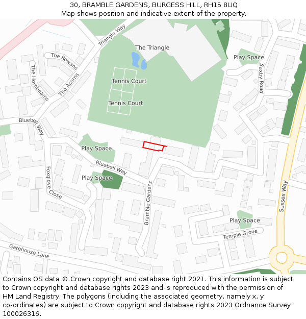 30, BRAMBLE GARDENS, BURGESS HILL, RH15 8UQ: Location map and indicative extent of plot