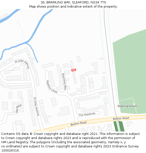 30, BRAMLING WAY, SLEAFORD, NG34 7TS: Location map and indicative extent of plot