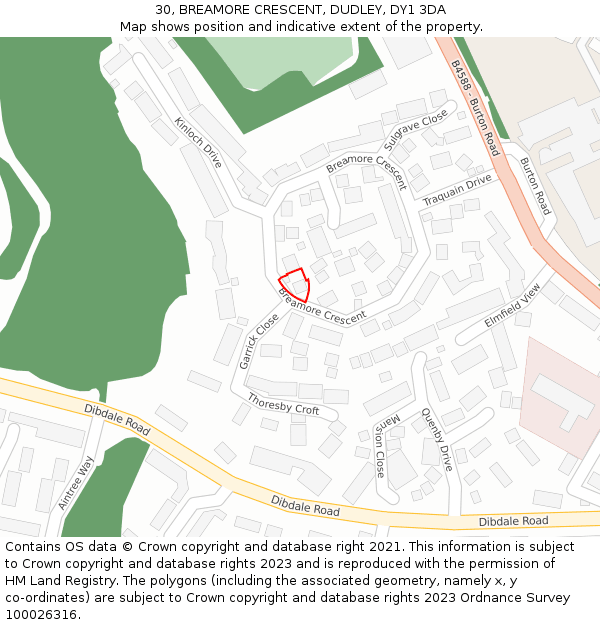 30, BREAMORE CRESCENT, DUDLEY, DY1 3DA: Location map and indicative extent of plot