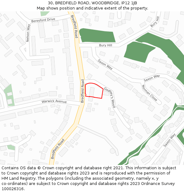 30, BREDFIELD ROAD, WOODBRIDGE, IP12 1JB: Location map and indicative extent of plot