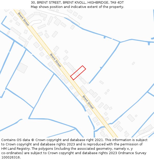 30, BRENT STREET, BRENT KNOLL, HIGHBRIDGE, TA9 4DT: Location map and indicative extent of plot