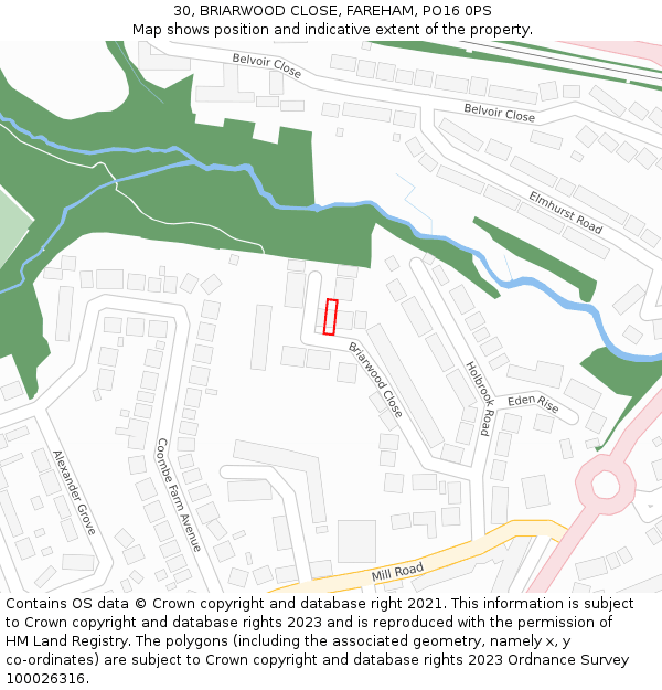 30, BRIARWOOD CLOSE, FAREHAM, PO16 0PS: Location map and indicative extent of plot
