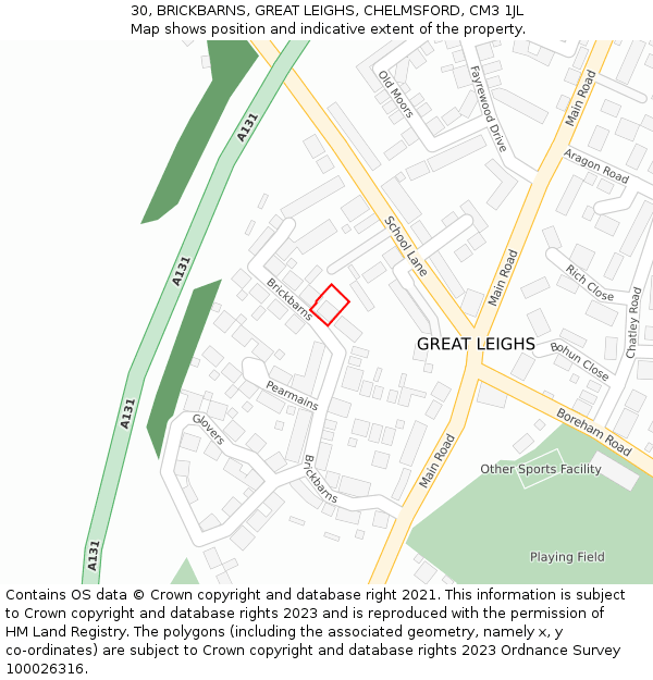 30, BRICKBARNS, GREAT LEIGHS, CHELMSFORD, CM3 1JL: Location map and indicative extent of plot