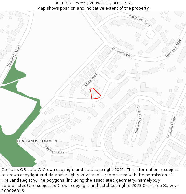 30, BRIDLEWAYS, VERWOOD, BH31 6LA: Location map and indicative extent of plot