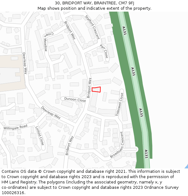 30, BRIDPORT WAY, BRAINTREE, CM7 9FJ: Location map and indicative extent of plot