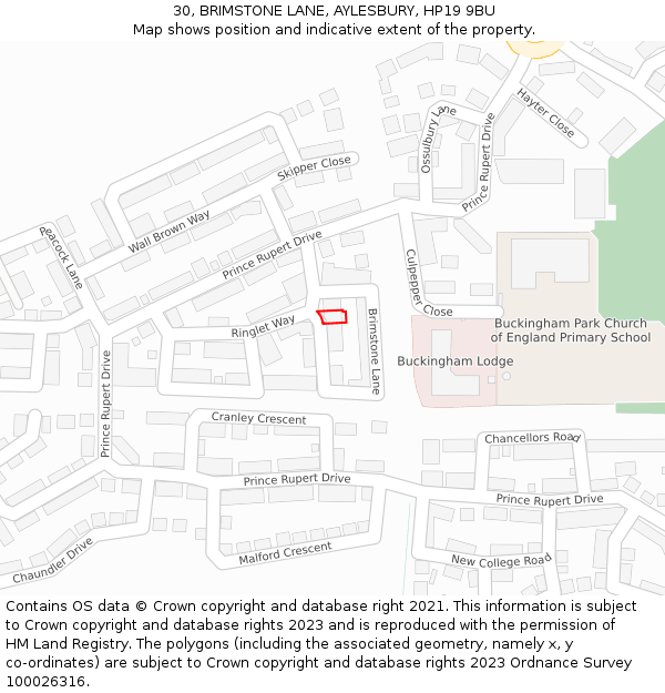 30, BRIMSTONE LANE, AYLESBURY, HP19 9BU: Location map and indicative extent of plot