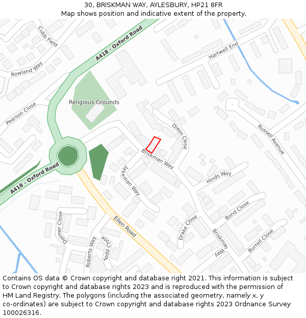 30, BRISKMAN WAY, AYLESBURY, HP21 8FR: Location map and indicative extent of plot