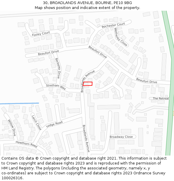 30, BROADLANDS AVENUE, BOURNE, PE10 9BG: Location map and indicative extent of plot