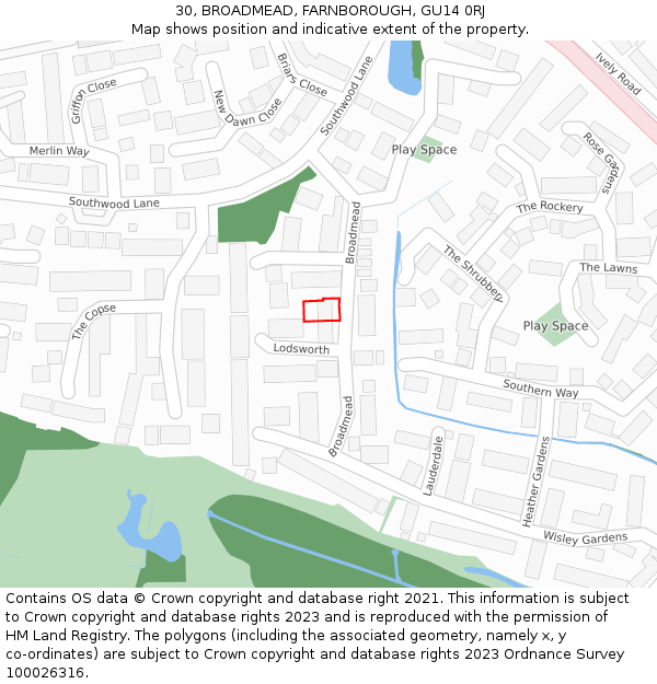 30, BROADMEAD, FARNBOROUGH, GU14 0RJ: Location map and indicative extent of plot