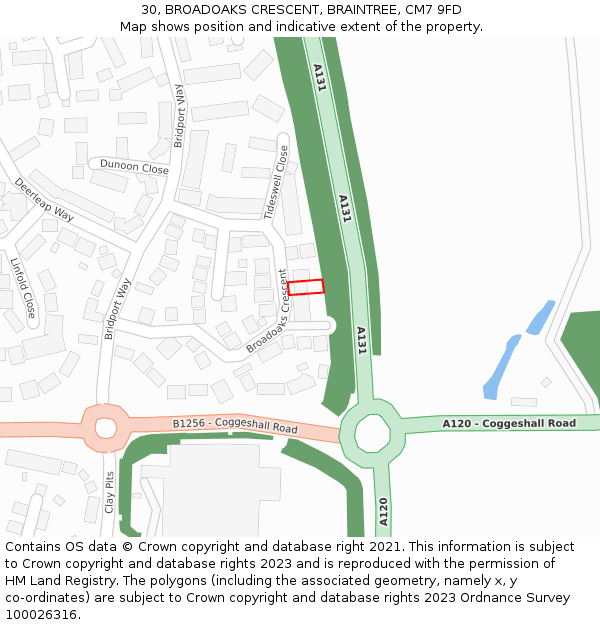 30, BROADOAKS CRESCENT, BRAINTREE, CM7 9FD: Location map and indicative extent of plot