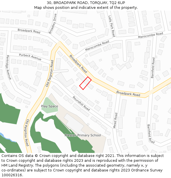30, BROADPARK ROAD, TORQUAY, TQ2 6UP: Location map and indicative extent of plot
