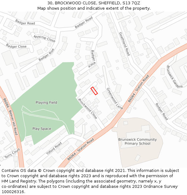 30, BROCKWOOD CLOSE, SHEFFIELD, S13 7QZ: Location map and indicative extent of plot