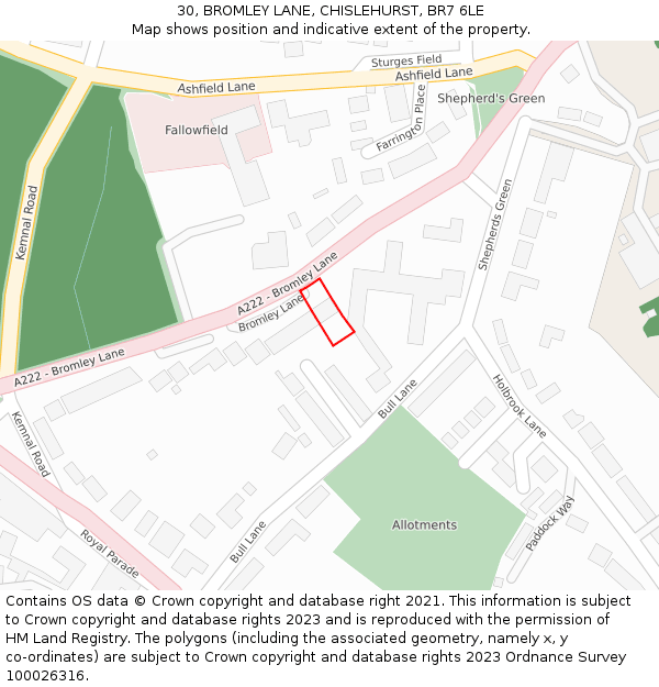 30, BROMLEY LANE, CHISLEHURST, BR7 6LE: Location map and indicative extent of plot