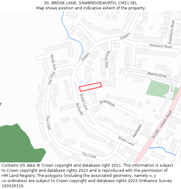 30, BROOK LANE, SAWBRIDGEWORTH, CM21 0EL: Location map and indicative extent of plot
