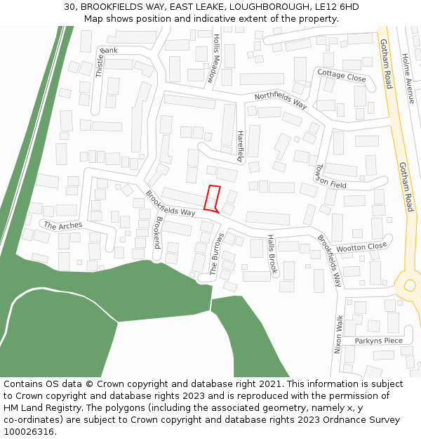 30, BROOKFIELDS WAY, EAST LEAKE, LOUGHBOROUGH, LE12 6HD: Location map and indicative extent of plot