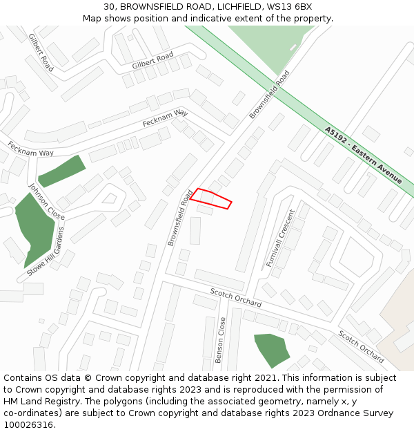 30, BROWNSFIELD ROAD, LICHFIELD, WS13 6BX: Location map and indicative extent of plot