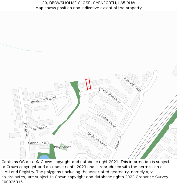 30, BROWSHOLME CLOSE, CARNFORTH, LA5 9UW: Location map and indicative extent of plot