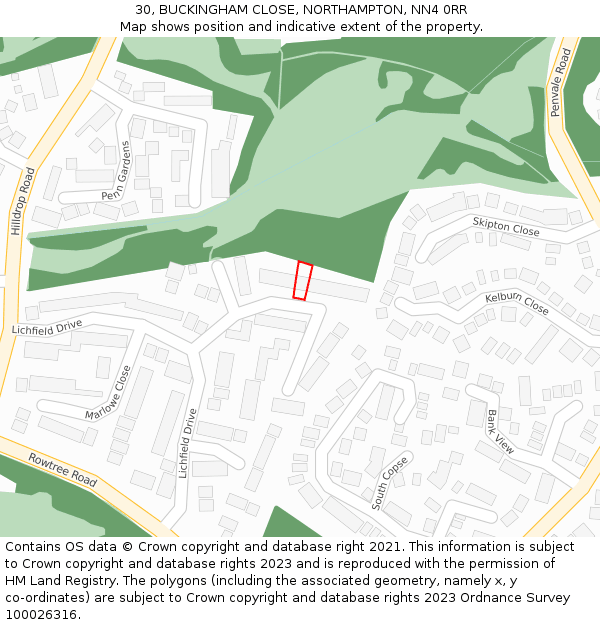 30, BUCKINGHAM CLOSE, NORTHAMPTON, NN4 0RR: Location map and indicative extent of plot