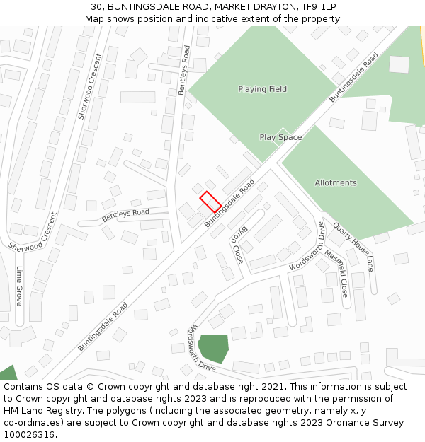 30, BUNTINGSDALE ROAD, MARKET DRAYTON, TF9 1LP: Location map and indicative extent of plot