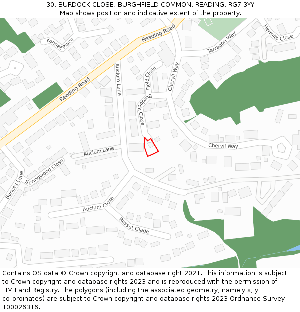 30, BURDOCK CLOSE, BURGHFIELD COMMON, READING, RG7 3YY: Location map and indicative extent of plot