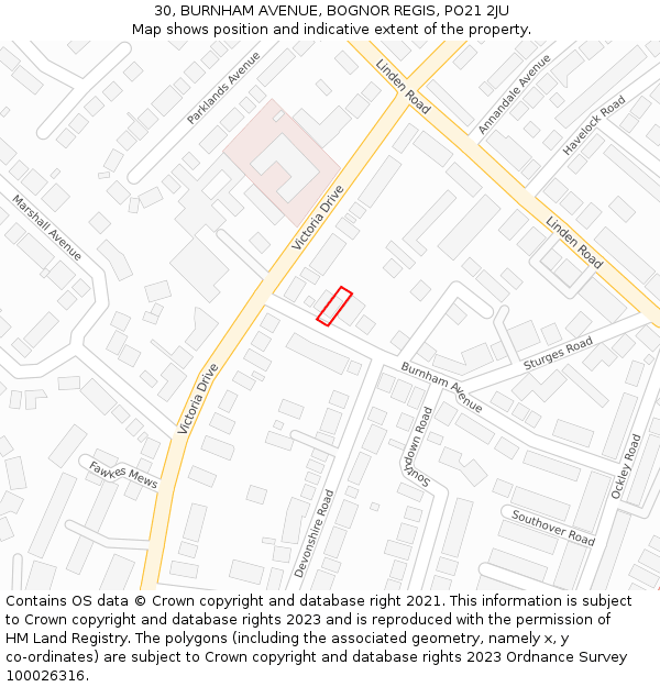 30, BURNHAM AVENUE, BOGNOR REGIS, PO21 2JU: Location map and indicative extent of plot