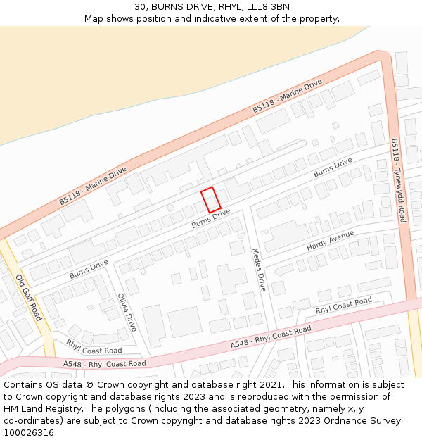 30, BURNS DRIVE, RHYL, LL18 3BN: Location map and indicative extent of plot
