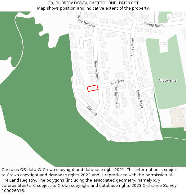 30, BURROW DOWN, EASTBOURNE, BN20 8ST: Location map and indicative extent of plot