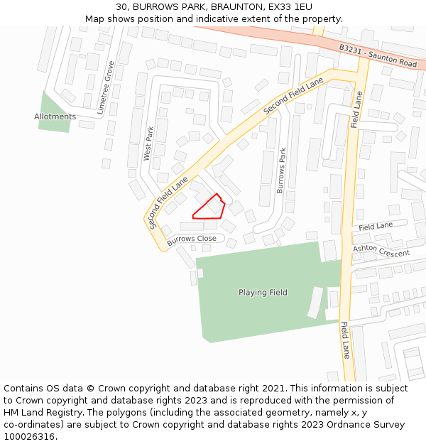 30, BURROWS PARK, BRAUNTON, EX33 1EU: Location map and indicative extent of plot