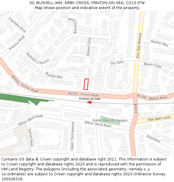 30, BUSHELL WAY, KIRBY CROSS, FRINTON-ON-SEA, CO13 0TW: Location map and indicative extent of plot