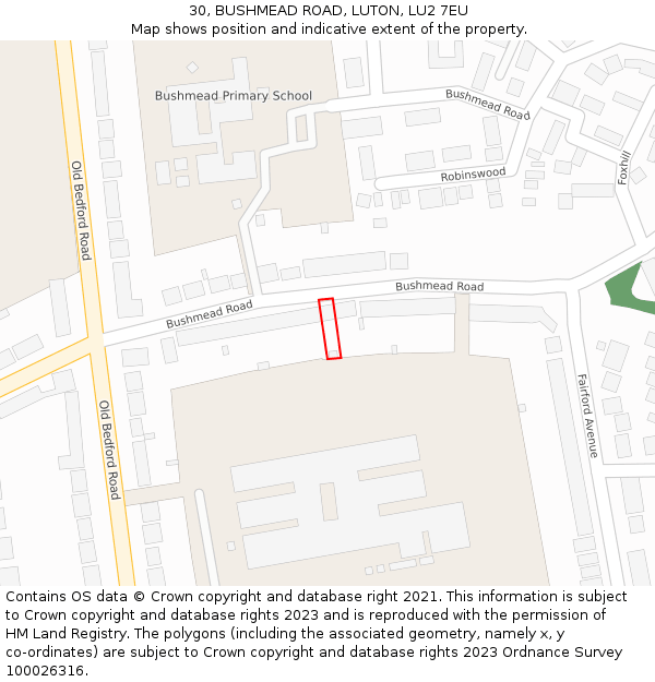 30, BUSHMEAD ROAD, LUTON, LU2 7EU: Location map and indicative extent of plot