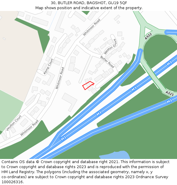 30, BUTLER ROAD, BAGSHOT, GU19 5QF: Location map and indicative extent of plot