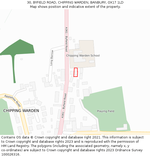 30, BYFIELD ROAD, CHIPPING WARDEN, BANBURY, OX17 1LD: Location map and indicative extent of plot