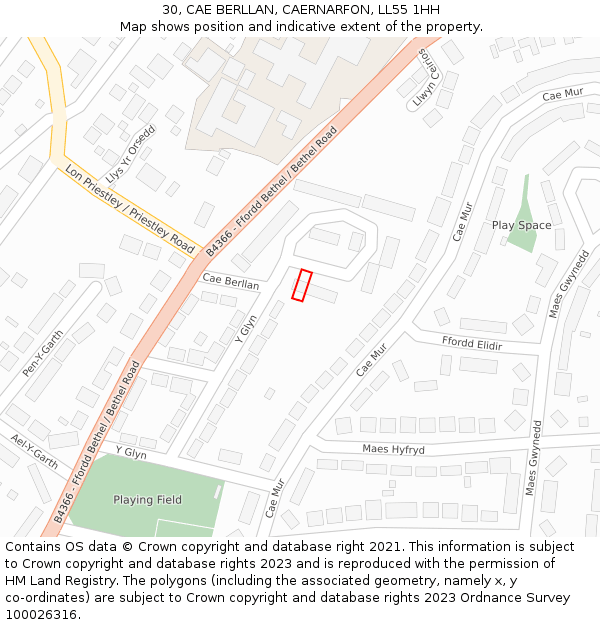 30, CAE BERLLAN, CAERNARFON, LL55 1HH: Location map and indicative extent of plot