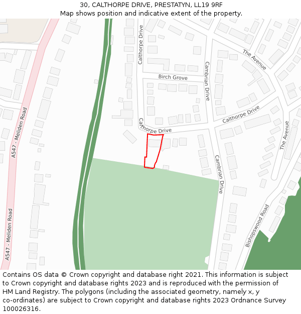 30, CALTHORPE DRIVE, PRESTATYN, LL19 9RF: Location map and indicative extent of plot