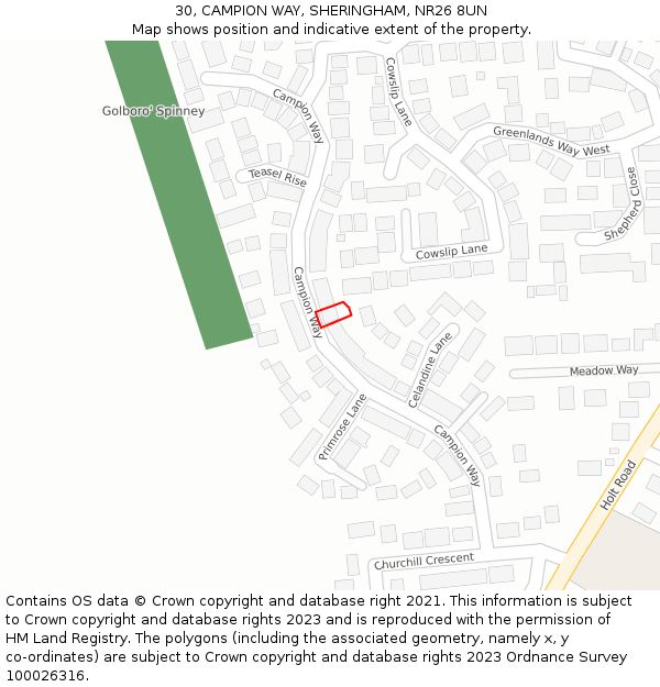 30, CAMPION WAY, SHERINGHAM, NR26 8UN: Location map and indicative extent of plot