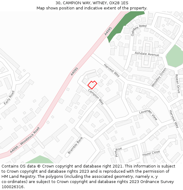 30, CAMPION WAY, WITNEY, OX28 1ES: Location map and indicative extent of plot