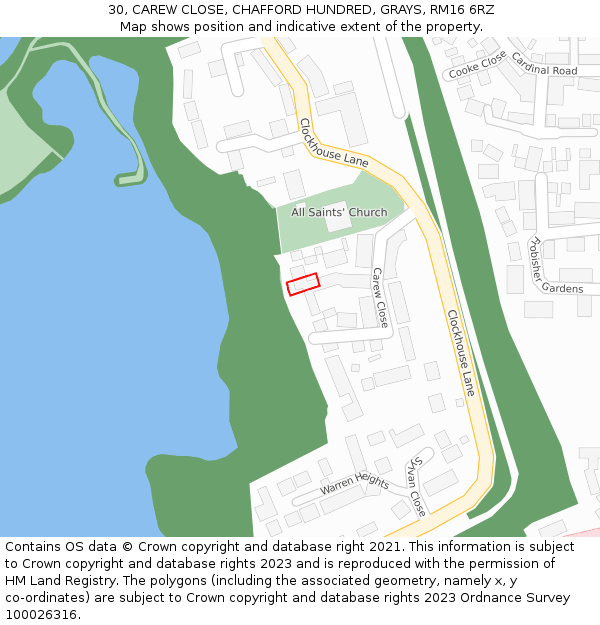 30, CAREW CLOSE, CHAFFORD HUNDRED, GRAYS, RM16 6RZ: Location map and indicative extent of plot