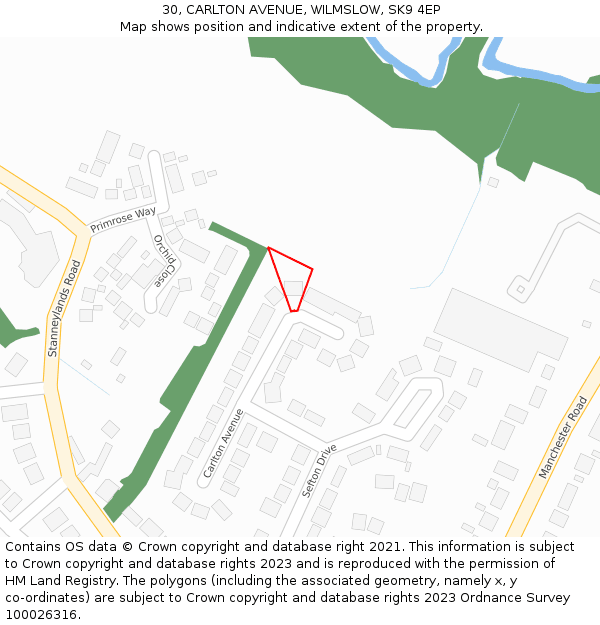 30, CARLTON AVENUE, WILMSLOW, SK9 4EP: Location map and indicative extent of plot