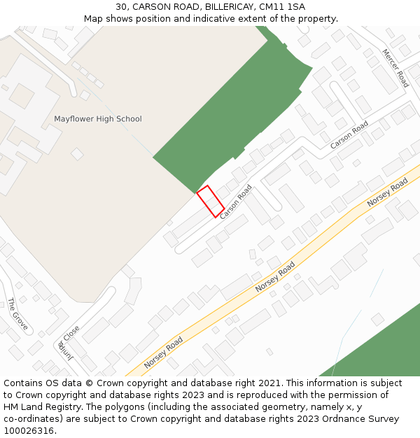 30, CARSON ROAD, BILLERICAY, CM11 1SA: Location map and indicative extent of plot