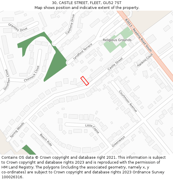 30, CASTLE STREET, FLEET, GU52 7ST: Location map and indicative extent of plot