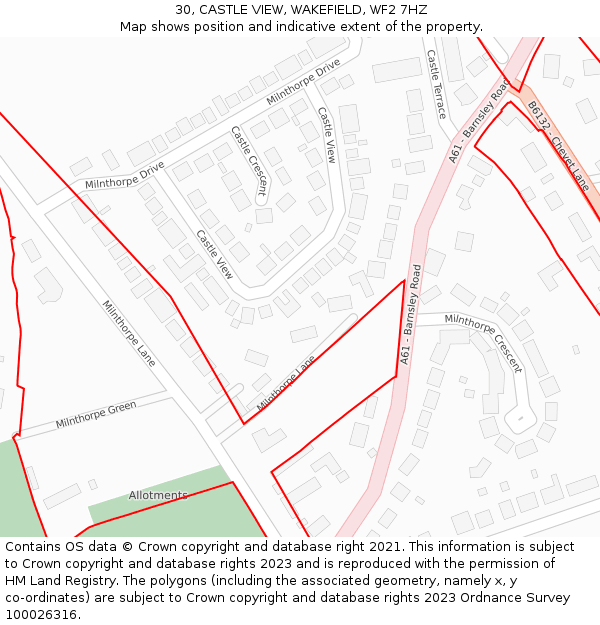 30, CASTLE VIEW, WAKEFIELD, WF2 7HZ: Location map and indicative extent of plot