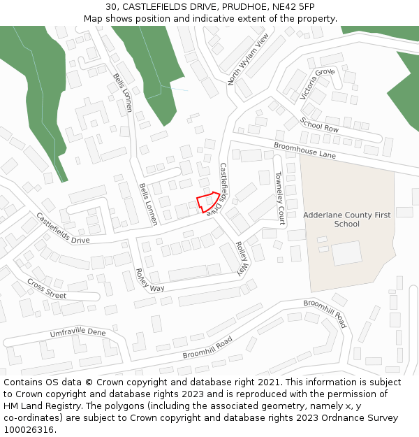 30, CASTLEFIELDS DRIVE, PRUDHOE, NE42 5FP: Location map and indicative extent of plot