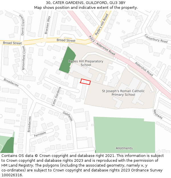 30, CATER GARDENS, GUILDFORD, GU3 3BY: Location map and indicative extent of plot