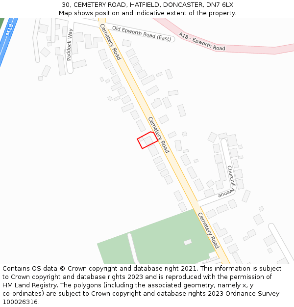 30, CEMETERY ROAD, HATFIELD, DONCASTER, DN7 6LX: Location map and indicative extent of plot