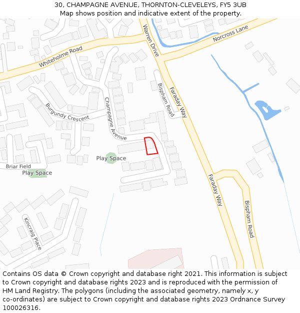 30, CHAMPAGNE AVENUE, THORNTON-CLEVELEYS, FY5 3UB: Location map and indicative extent of plot