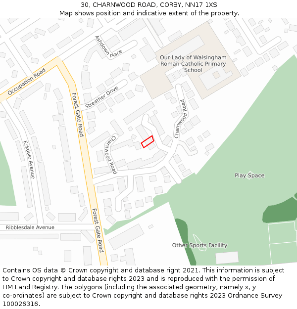 30, CHARNWOOD ROAD, CORBY, NN17 1XS: Location map and indicative extent of plot
