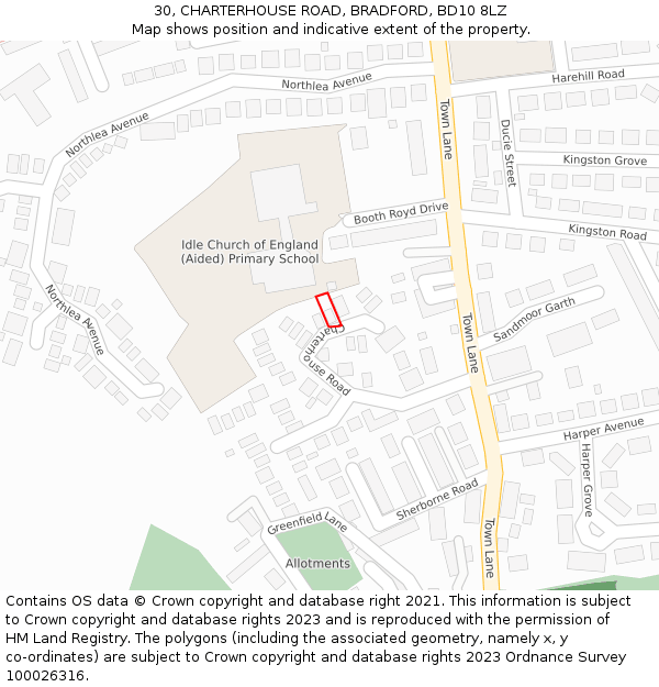 30, CHARTERHOUSE ROAD, BRADFORD, BD10 8LZ: Location map and indicative extent of plot