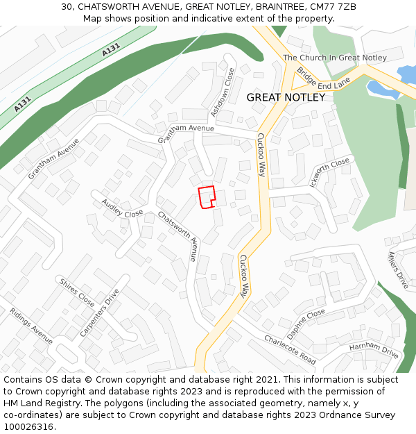 30, CHATSWORTH AVENUE, GREAT NOTLEY, BRAINTREE, CM77 7ZB: Location map and indicative extent of plot