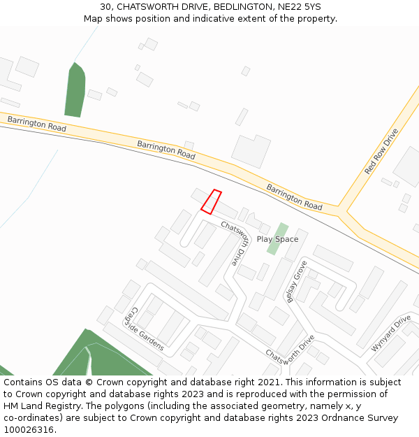 30, CHATSWORTH DRIVE, BEDLINGTON, NE22 5YS: Location map and indicative extent of plot