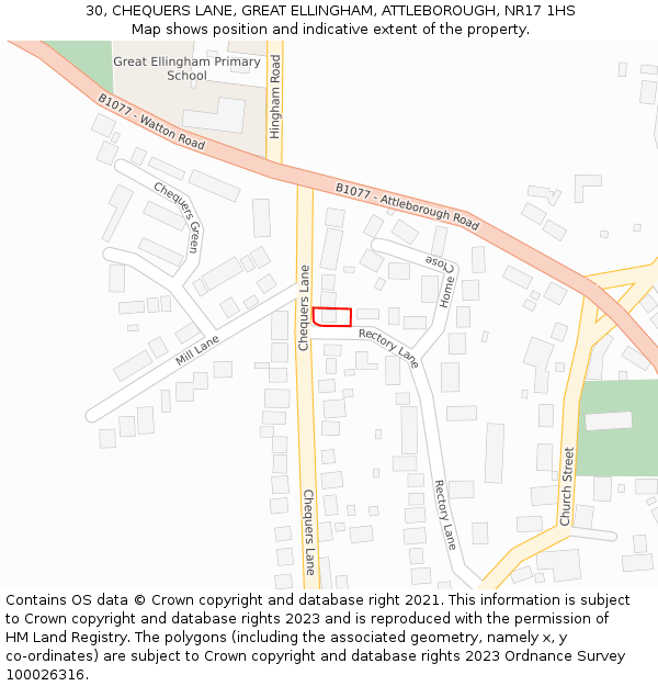 30, CHEQUERS LANE, GREAT ELLINGHAM, ATTLEBOROUGH, NR17 1HS: Location map and indicative extent of plot